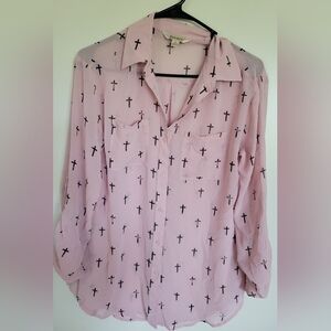 Decree Women's Pink Sheer Button Down Cross Detail Blouse Size Small